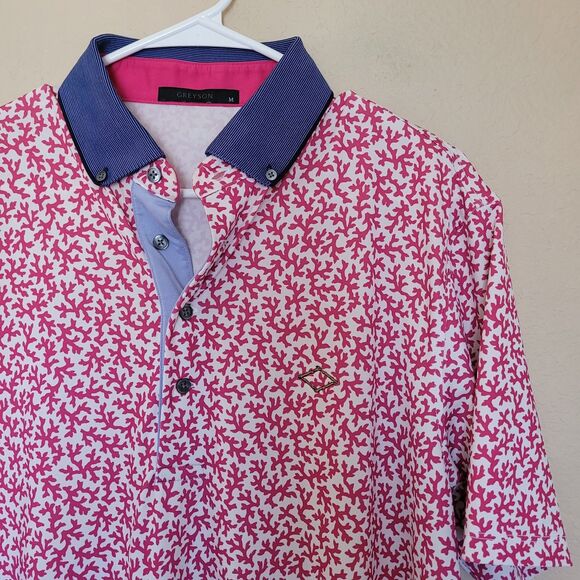 Greyson Golf Polo Shirt Mens Size Medium Pink White Blue Coral Dreams II Jersey - Picture 2 of 6